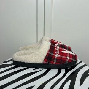 Playboy Plaid Red and Black Slippers with White Fleece Lining